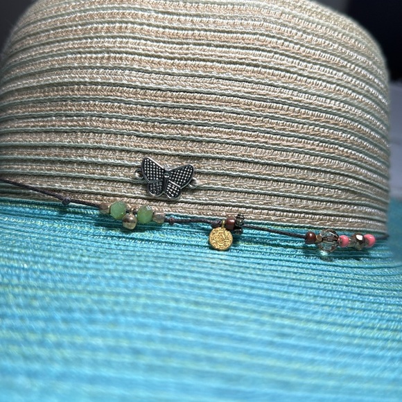 NWOT Kallina Wide Brim Sun Hat Blue Tan Beaded Butterfly Charm Sun Protection - Picture 6 of 13
